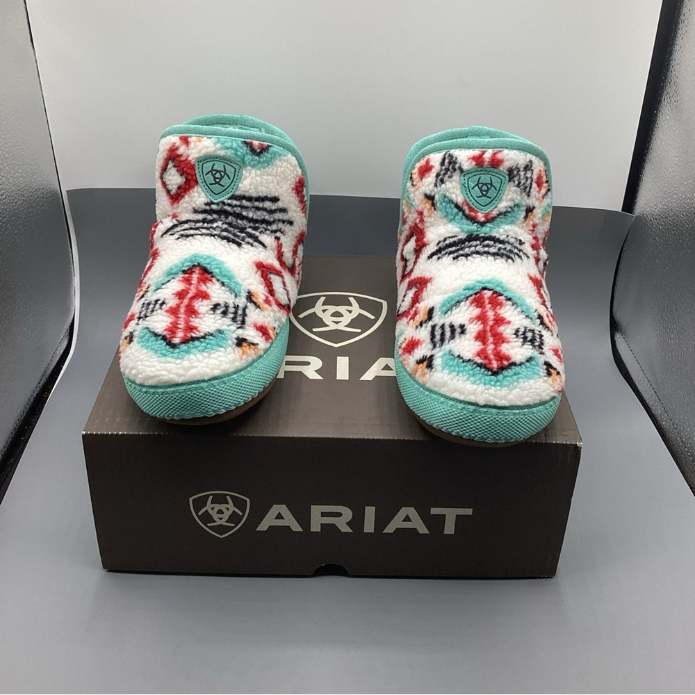 Ariat Aztec Sherpa Slip-On Slippers in Turquoise & Red